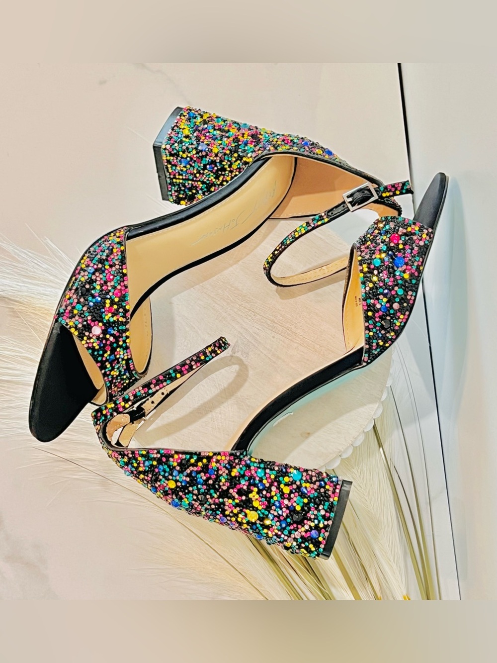 Betsey Johnson Black Multicolor Beaded Block Heel